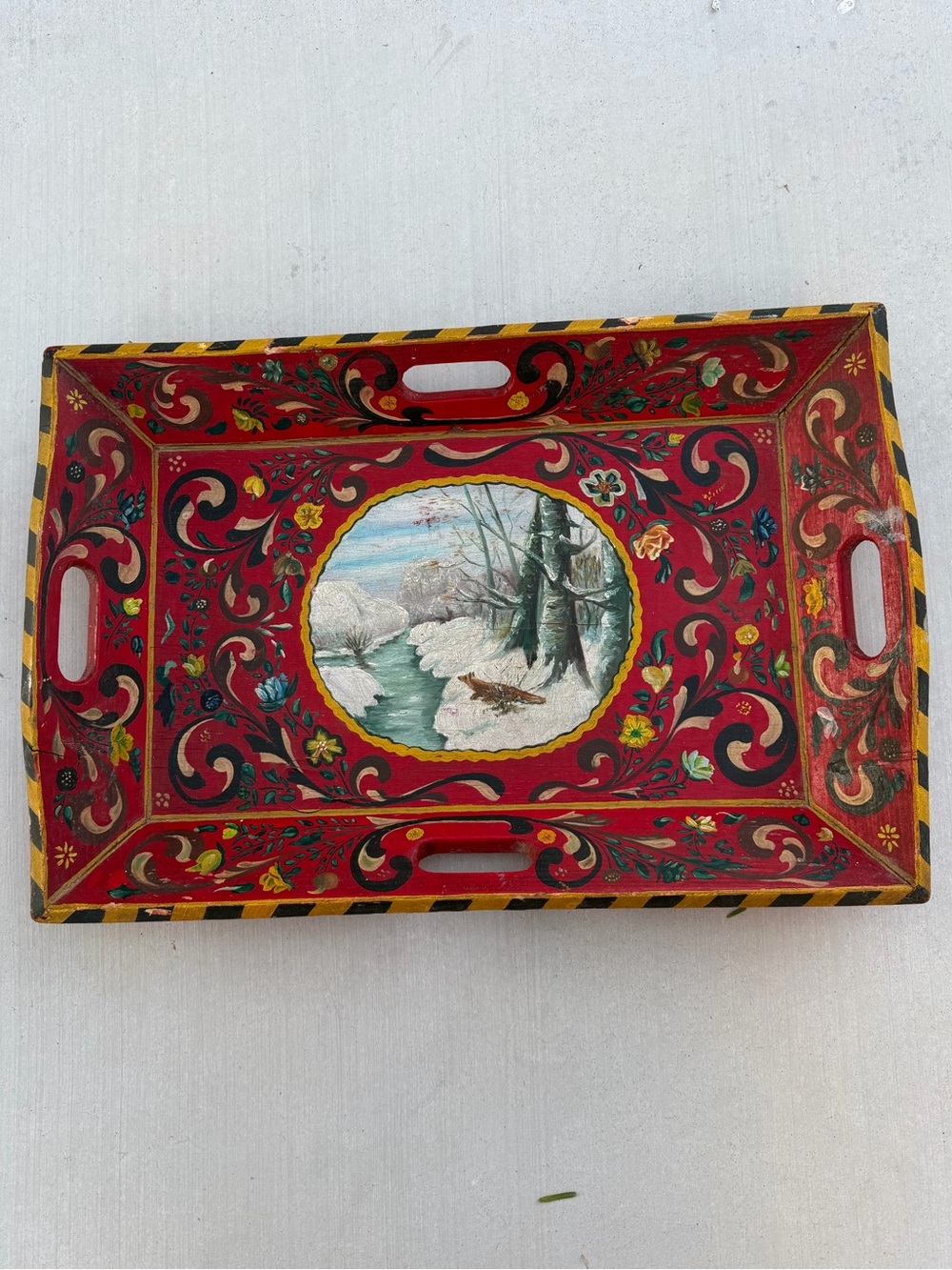Vintage Sandi Nordic Wood Tray Hand Painted Fox Winter Scene Folk Art